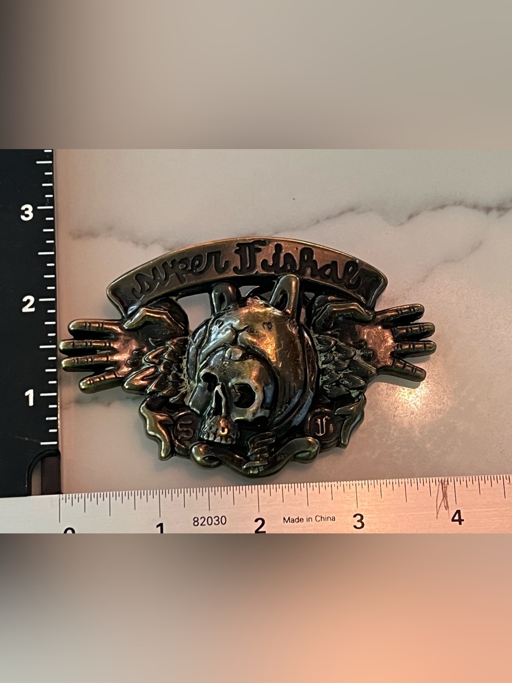 Jeremy Fish Bunny Skull & Wings Metal Belt Buckle - Black Brass Finish